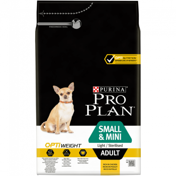 Корм Pro Plan для склонных к избыточному весу и/или стерилизованных взрослых собак мелких и карликовых пород с комплексом OPTIWEIGHT с курицей и рисом, 3кг