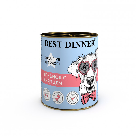 Ветеринарный влажный корм BEST DINNER EXCLUSIVE VET PROFI GASTRO для собак и щенков с чувствительным пищеварением (ЯГНЕНОК, СЕРДЦЕ), 340 г.