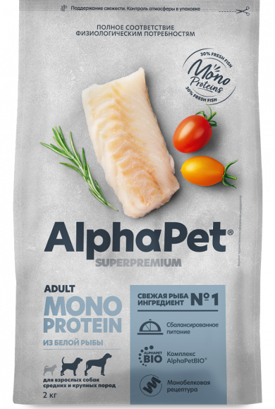 Корм AlphaPet MONOPROTEIN для собак средних и крупных  пород, из белой рыбы, 2 кг