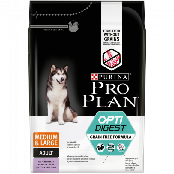 СКИДКА!!! Корм Purina Pro Plan Optidigest Grain Free Formula для взрослых собак средних и крупных пород с чувствительным пищеварением, индейка, 2,5 кг (СРОК 28.02.2025)