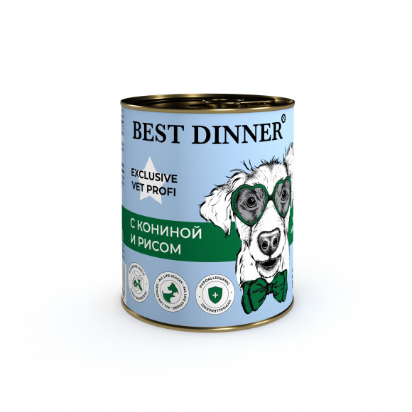 Ветеринарный влажный корм BEST DINNER EXCLUSIVE VET PROFI HYPOALLERGENIC для профилактики пищевой аллергии у взрослых собак и щенков (КОНИНА, РИС), 340 г.