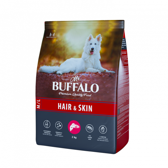 Корм Mr.Buffalo ADULT HAIR & SKIN для собак средних и крупных пород с чувствительной кожей, лосось, 2кг