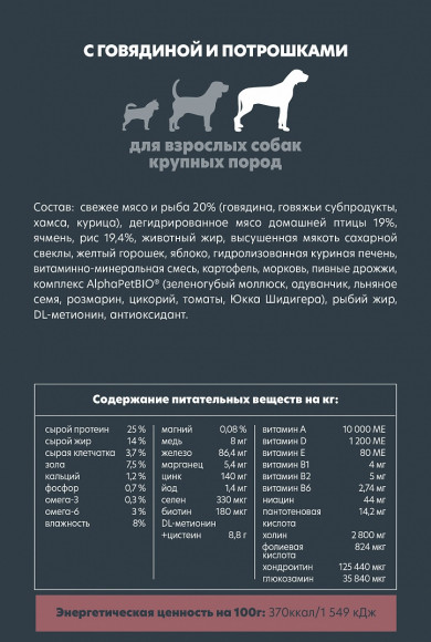 Корм AlphaPet для собак крупных пород (говядина и потрошки), 3кг