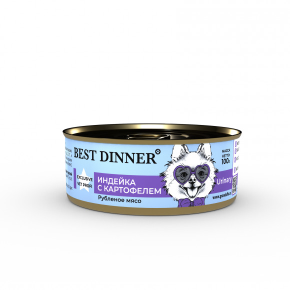 Ветеринарный влажный корм BEST DINNER EXCLUSIVE VET PROFI URINARI для собак и щенков с 6 мес с профилактикой мочекаменной болезни (ИНДЕЙКА), 100 г.