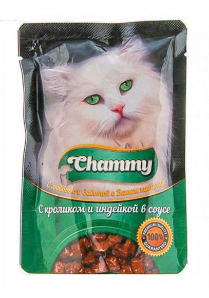 Влажный корм Chammy для кошек кролик и индейка в соусе 85 гр
