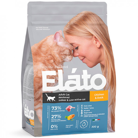 Корм Elato Holistic для кастрированных котов, стерилизованных и малоактивных кошек  с курицей и уткой, 1,5кг