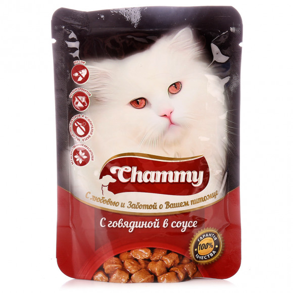 Влажный корм Chammy для кошек  с говядиной в соусе,  85гр