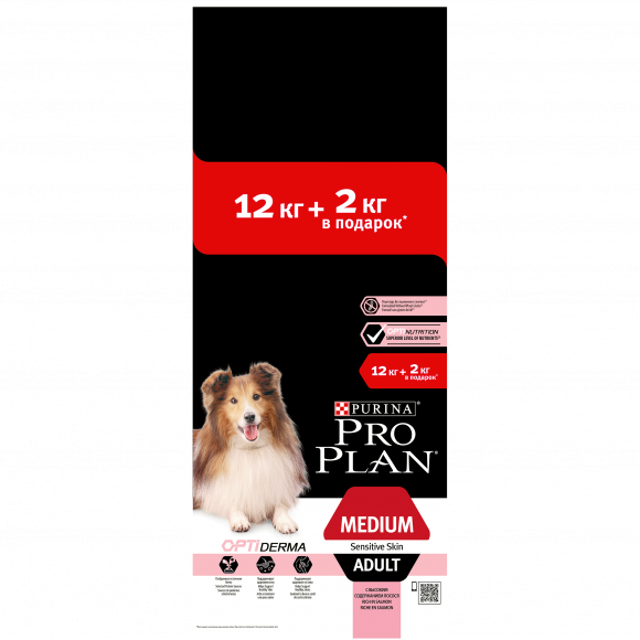АКЦИЯ!!! Корм Purina Pro Plan для взрослых собак средних пород с чувствительной кожей с комплексом OPTIDERMA с лососем и рисом, 12 кг + 2 кг
