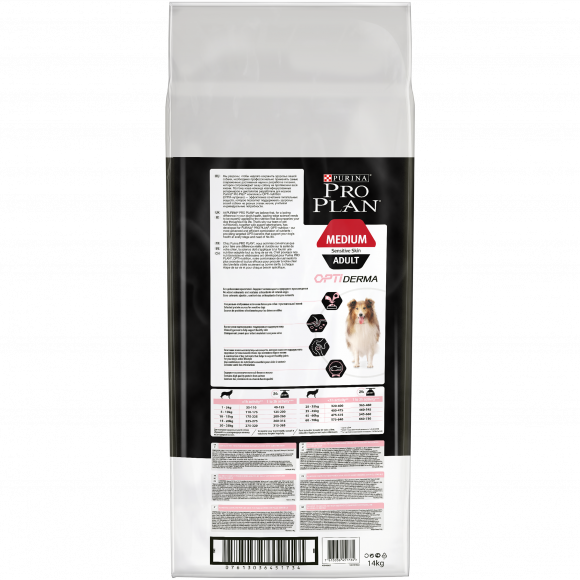 АКЦИЯ!!! Корм Purina Pro Plan для взрослых собак средних пород с чувствительной кожей с комплексом OPTIDERMA с лососем и рисом, 12 кг + 2 кг