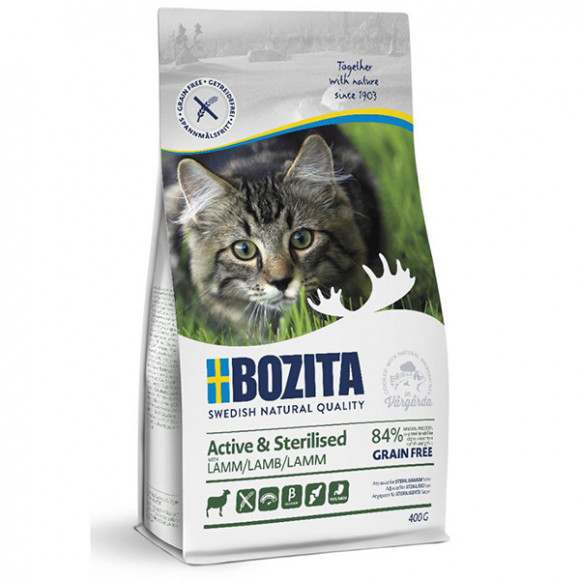 Корм BOZITA беззерновой для стерилизованных, растущих и взрослых, активных кошек Active & Sterilized GF, ягненок, 400гр