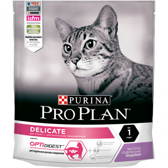 Корм ProPlan для кошек с чувствительным пищеварением и привередливых к еде, индейка, 400гр