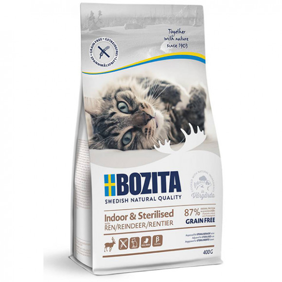 Корм BOZITA беззерновой для стерилизованных, растущих и взрослых, малоподвижных кошек Indoor&Sterilized GF, олень, 400гр
