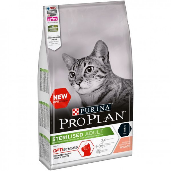 Корм Purina Pro Plan для стерилизованных кошек и кастрированных котов (для поддержания органов чувств), с лососем, 1,5 кг