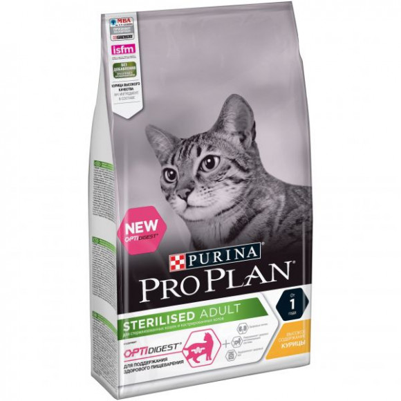 Корм Purina Pro Plan для стерилизованных кошек и кастрированных котов с чувствительным пищеварением, с курицей, 1,5 кг