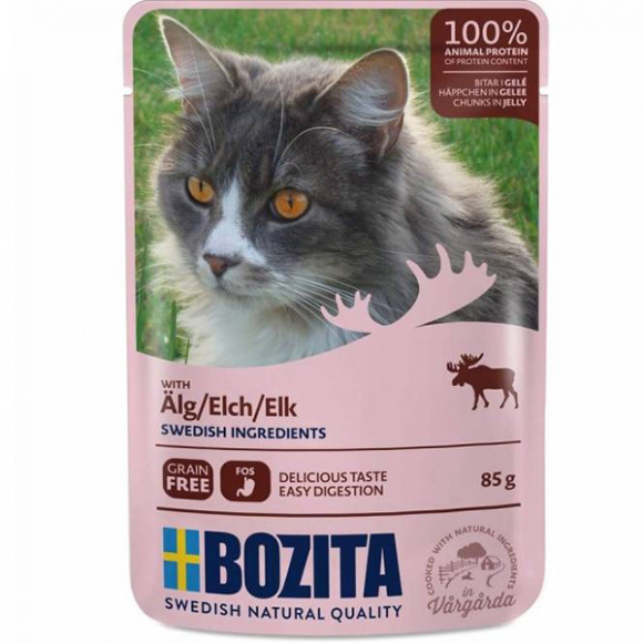 Влажный корм BOZITA для кошек кусочки в желе с лосем 85г