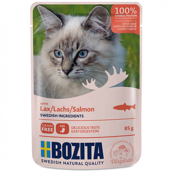 Влажный корм BOZITA для кошек кусочки в желе с лососем 85г