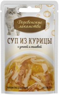 Деревенские Лакомства для кошек СУП из курицы с уткой и тыквой, 35г
