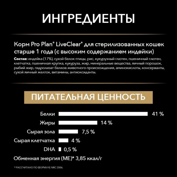 Корм Purina Pro Plan LiveClear для стерилизованных кошек, снижает количество аллергенов в шерсти, с индейкой, 2,8 кг Корм Purina Pro Plan LiveClear для стерилизованных кошек, снижает количество аллергенов в шерсти, с индейкой, 2,8 кг