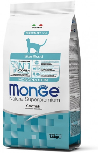 Корм Monge Cat Sterilised Merluzzo для взрослых стерилизованных кошек с треской 1,5кг