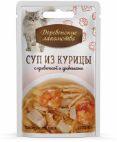 Деревенские Лакомства для кошек суп из курицы с креветкой и гребешком, 35г Деревенские Лакомства для кошек суп из курицы с креветкой и гребешком, 35г